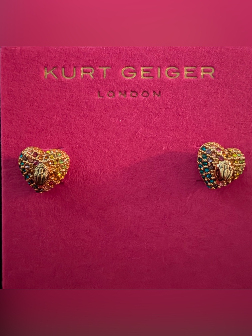 Kurt Geiger Multicolor Crystal Heart Stud Earrings with Eagle head- Gold Accents